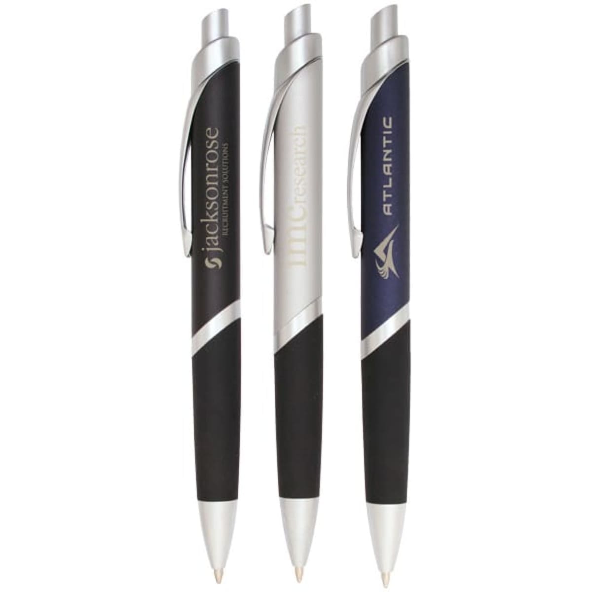 A set of three metal pens in black, silver, and navy, each featuring a branding logo.