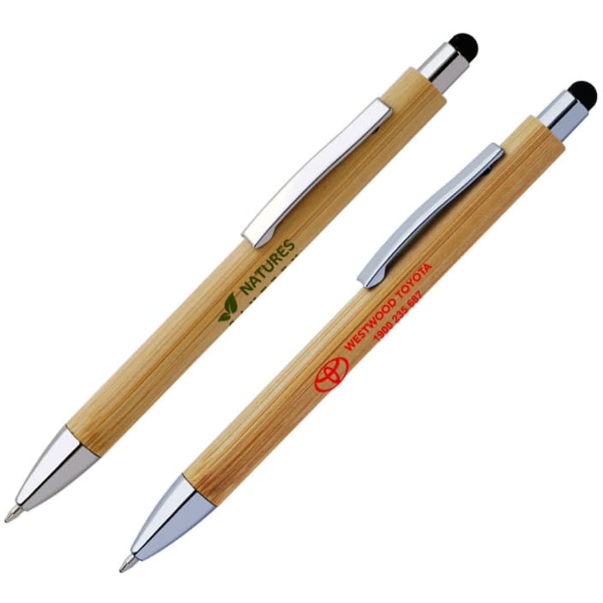 A pair of bamboo stylus pens with silver accents and one featuring a logo, showcasing a natural aesthetic.