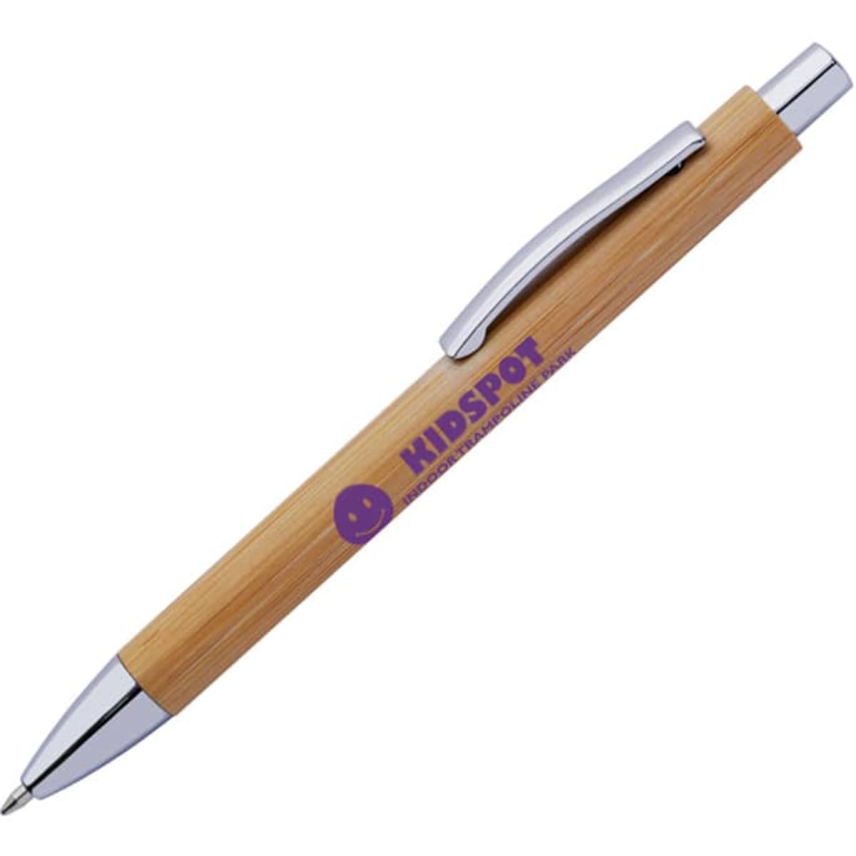 A bamboo pen with a silver clip and trim, featuring a logo on the barrel.
