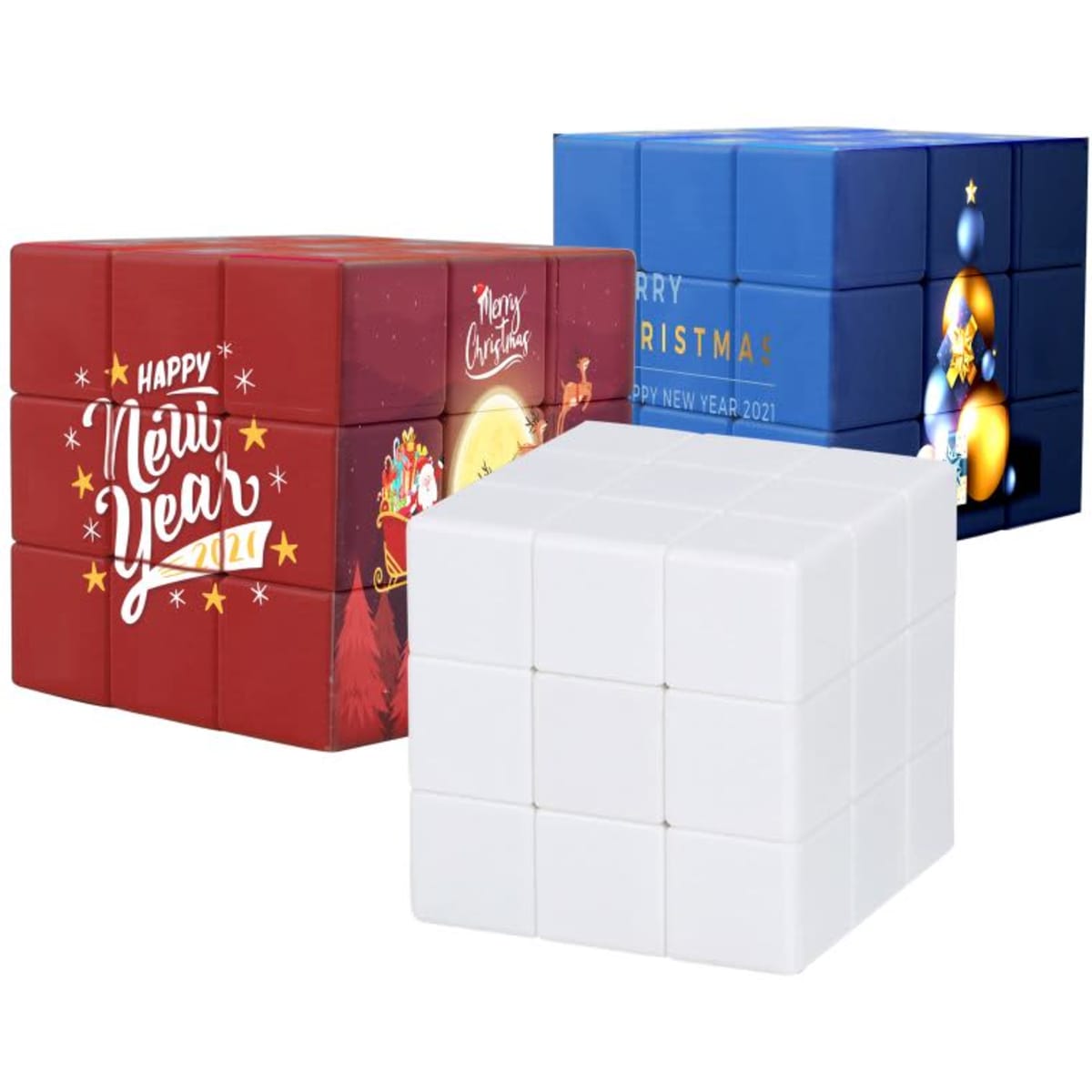 A set of three twist cubes in red, blue, and white with festive designs and logos.