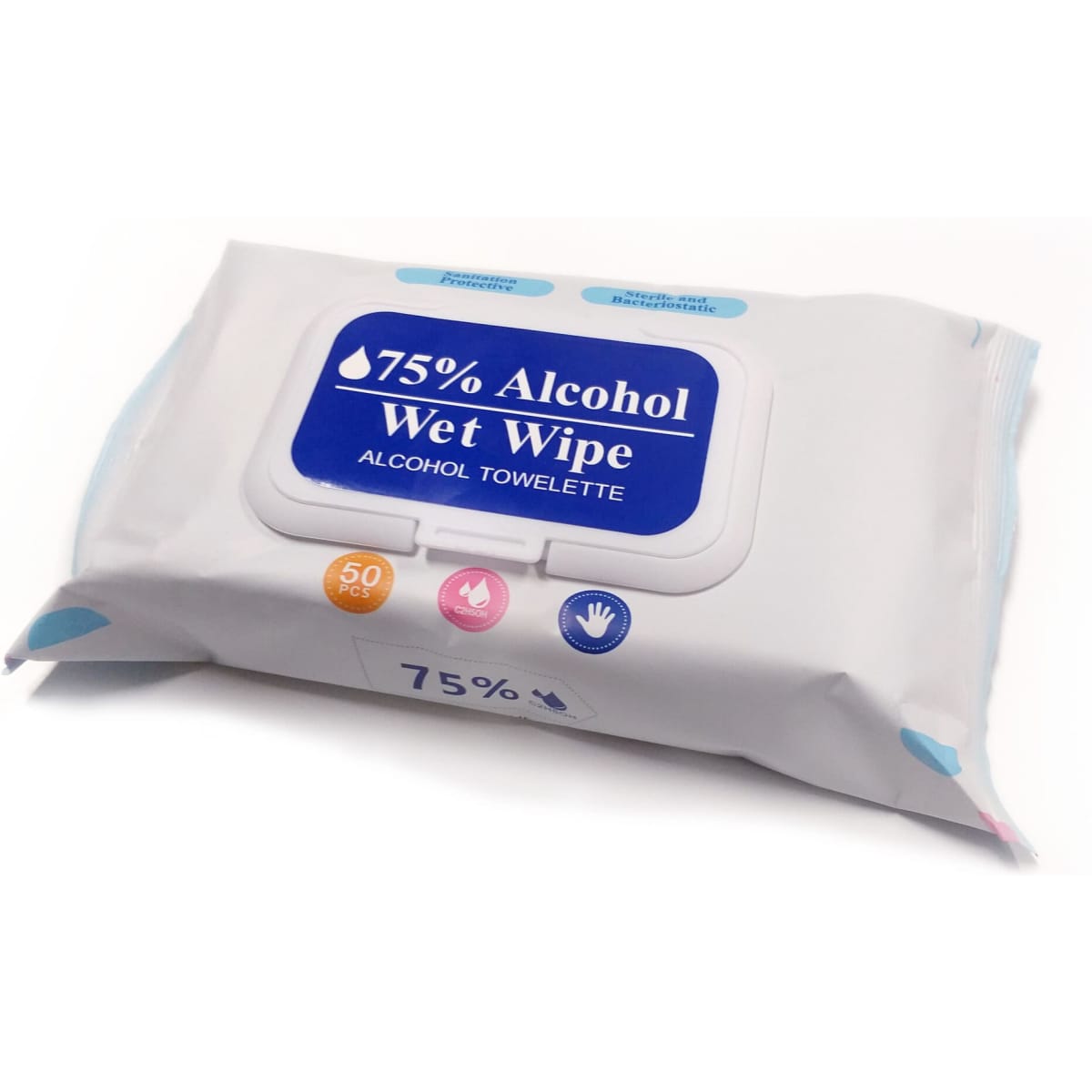 A pack of alcohol wipes, featuring a white packaging with blue and pink accents, containing 50 towelettes.