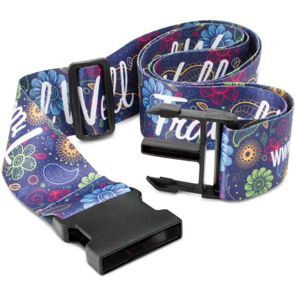 A vibrant full-colour luggage strap with a floral design, featuring a black buckle and branding.