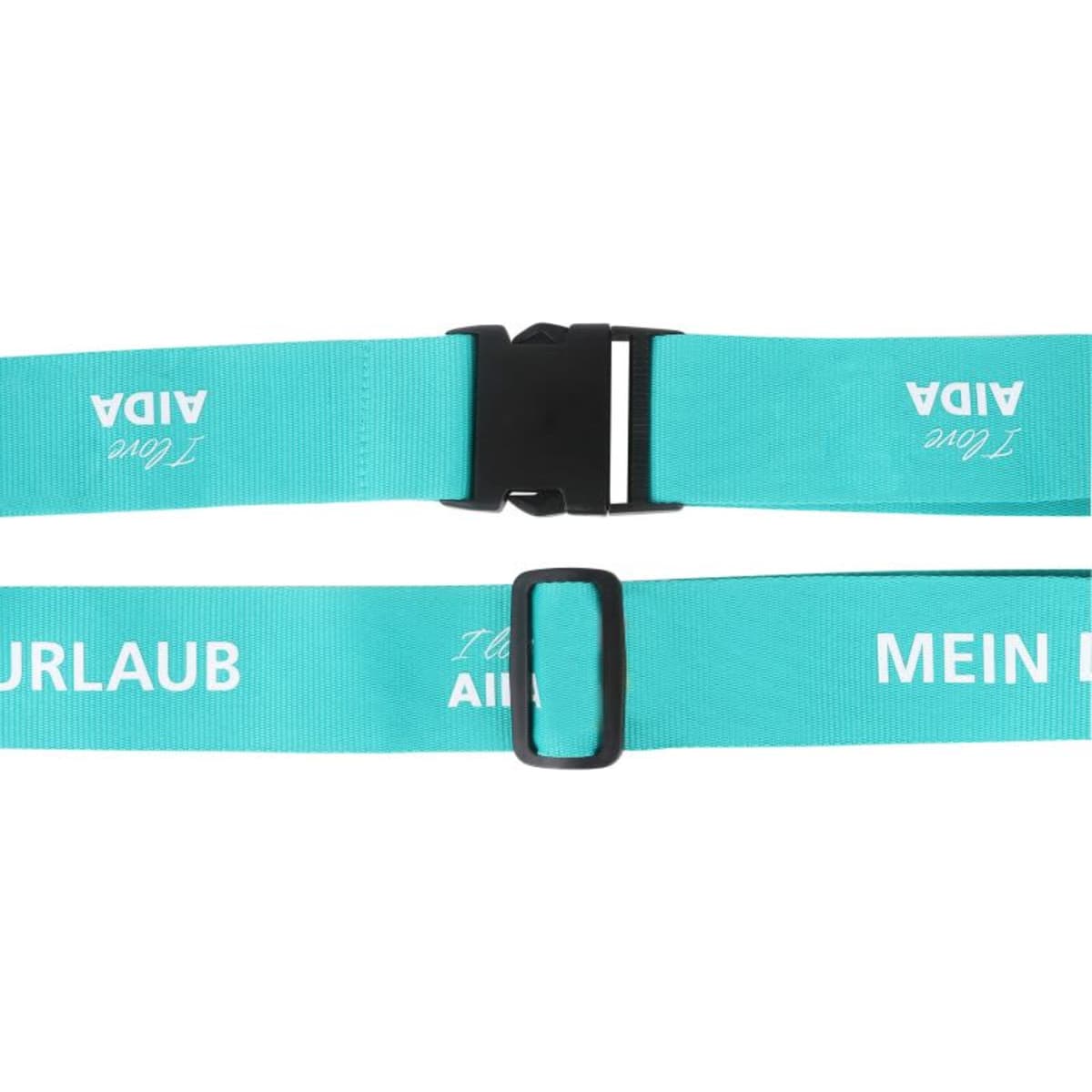 A poly ribbed luggage belt in a vibrant teal colour with adjustable buckles and a logo.