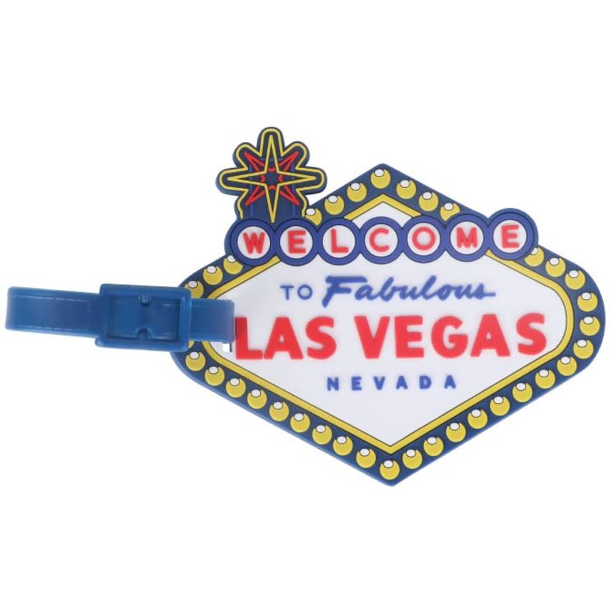 A custom-shaped PVC luggage tag in blue, featuring a Las Vegas design with a star and lightbulbs.