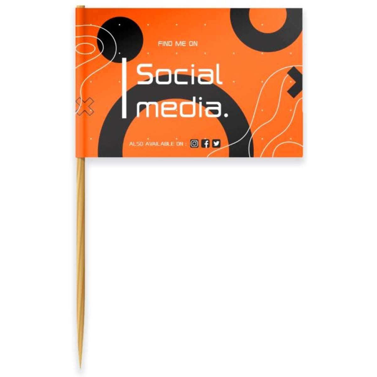 A small orange flag with a wooden stick, featuring a modern design and a logo.