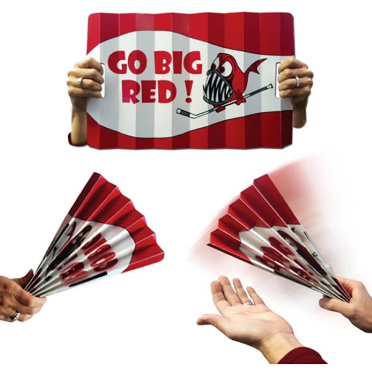 A pair of cardboard clappers in red and white, featuring a design with a fish and the phrase "Go Big Red!"