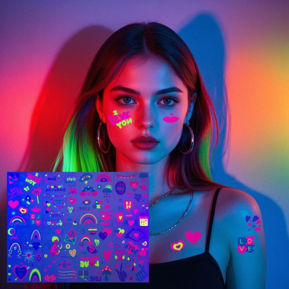 A model with colourful hair displays glow-in-the-dark temporary tattoos featuring various vibrant designs on her face and arms.