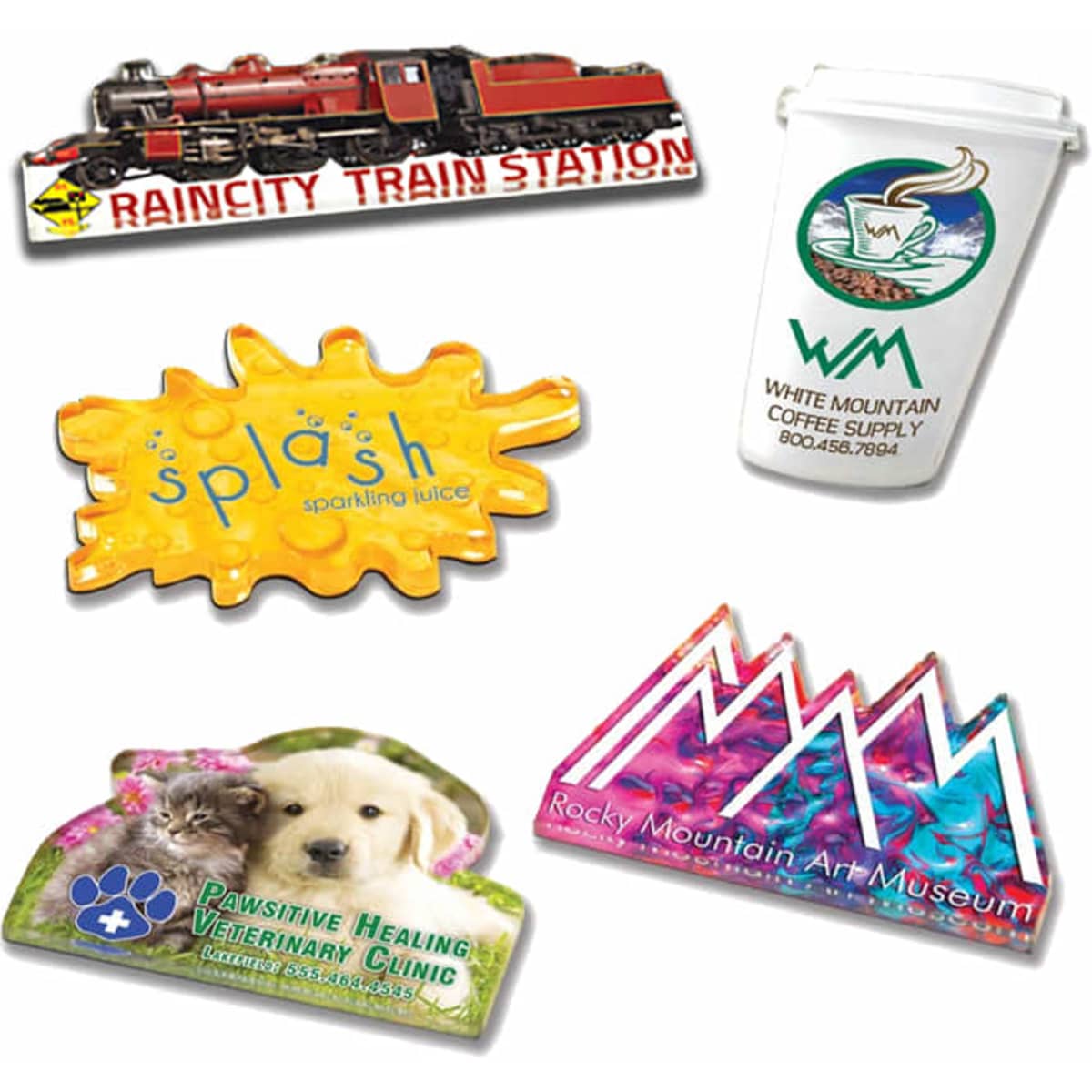 Acrylic magnets in various colours, featuring designs such as a train, splash, dog, coffee cup, and a museum.
