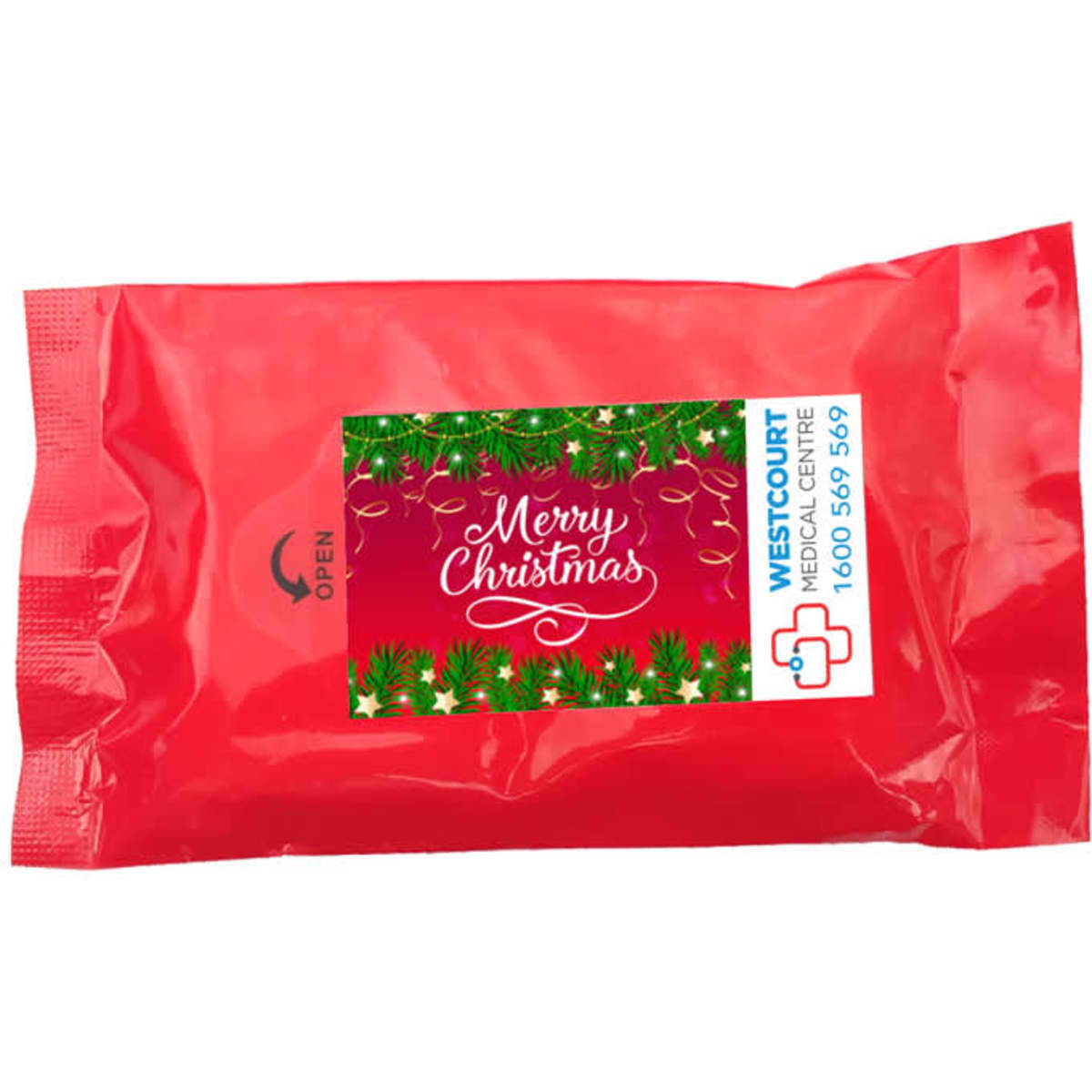 A red packet of alcohol wipes featuring festive decorations and a logo.