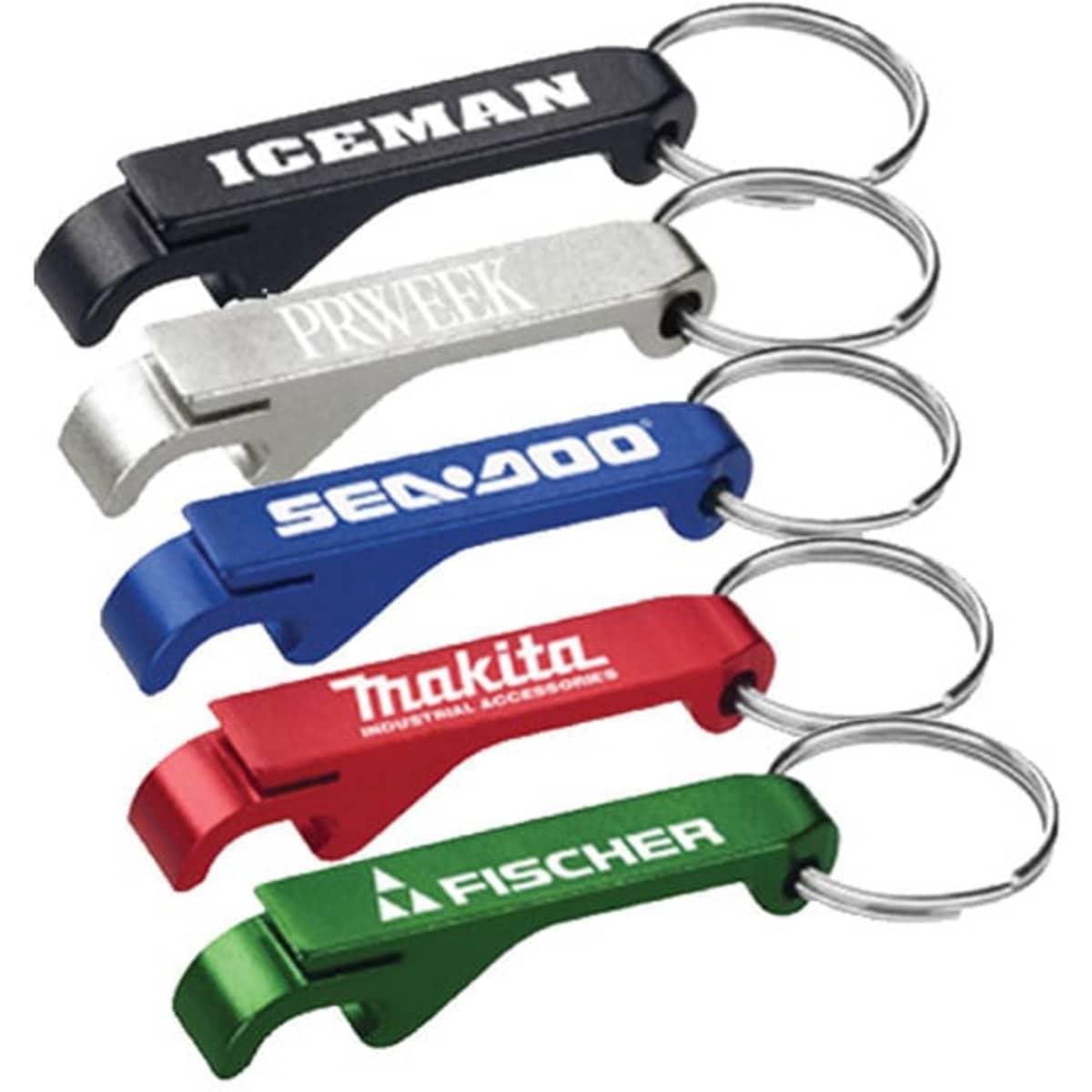A drink bottle opener set featuring five keychain tools in black, silver, blue, red, and green, each with a logo.