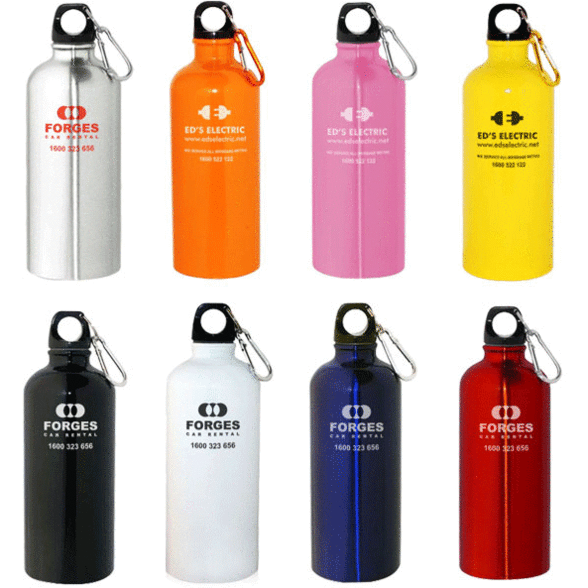 A drink bottle collection featuring stainless steel and aluminium designs in silver, orange, pink, yellow, black, and blue, with branded logos.