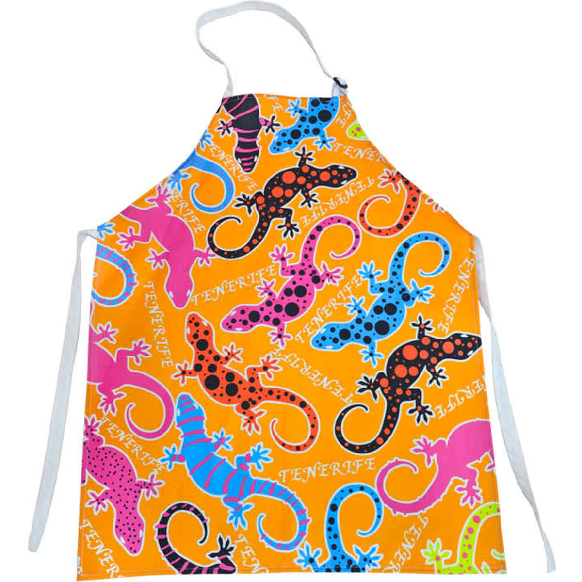 A vibrant orange polyester apron featuring colourful lizard patterns and a white neck strap. It has a logo.