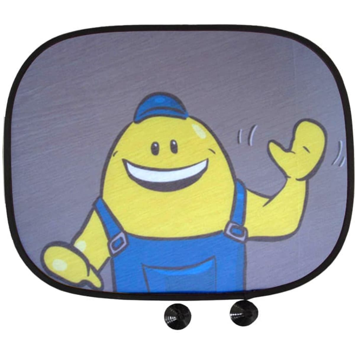 A promotional auto window shade featuring a cartoon character in yellow with blue overalls, smiling and waving.
