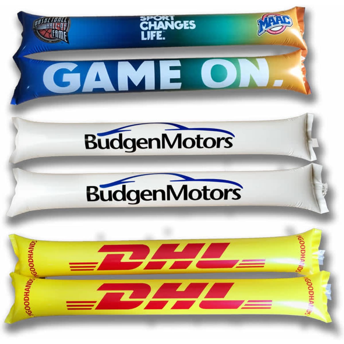 Inflatable thunder sticks in blue, white, and yellow, featuring various logos and promotional text.