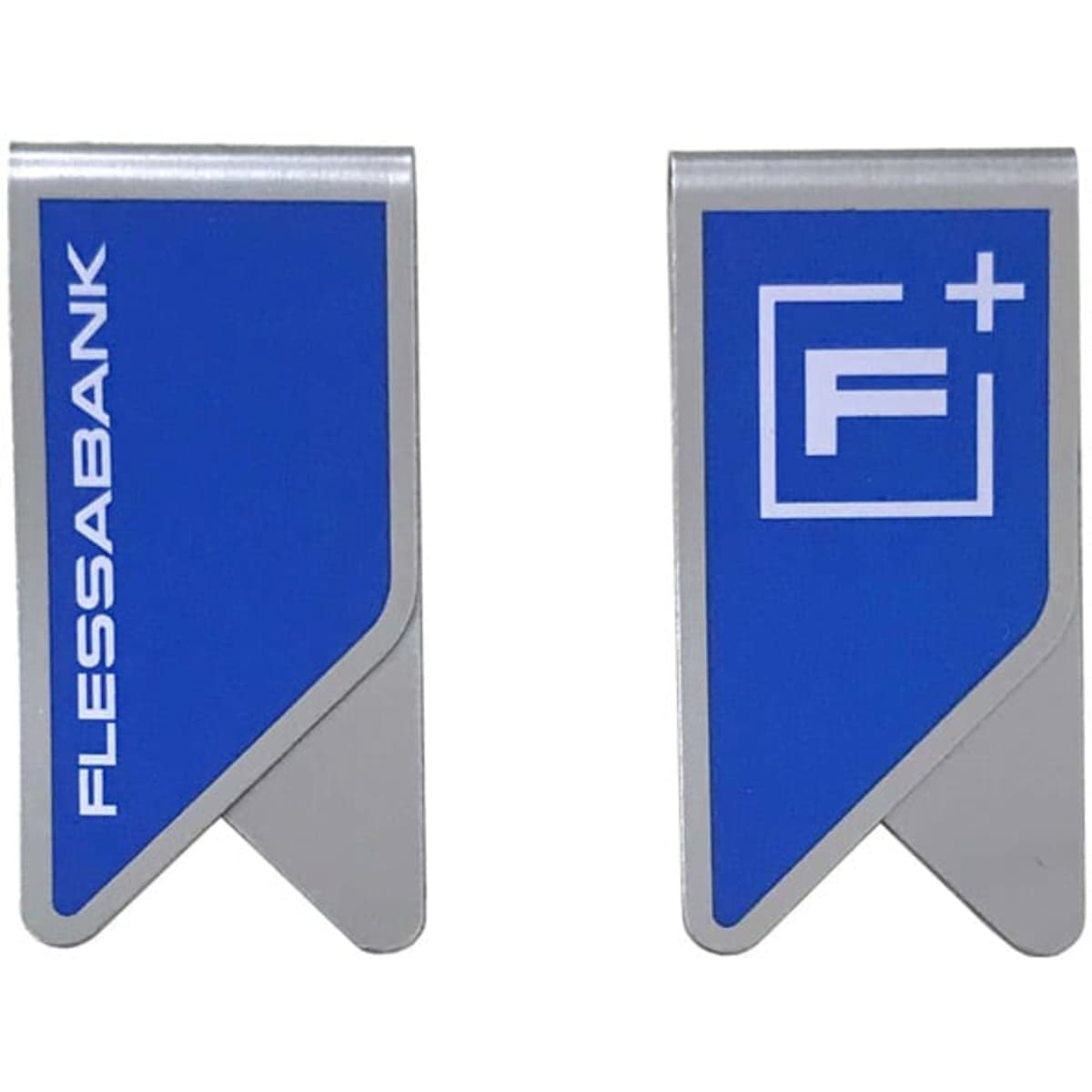 A blue and silver custom metal clip featuring a logo and sleek design, suitable for office use.