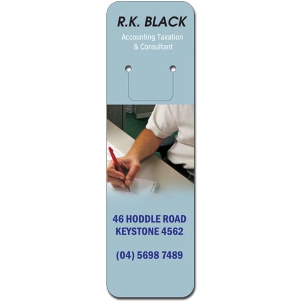 A laminated bookmark in light blue featuring contact details and a logo, with a writing image in the background.
