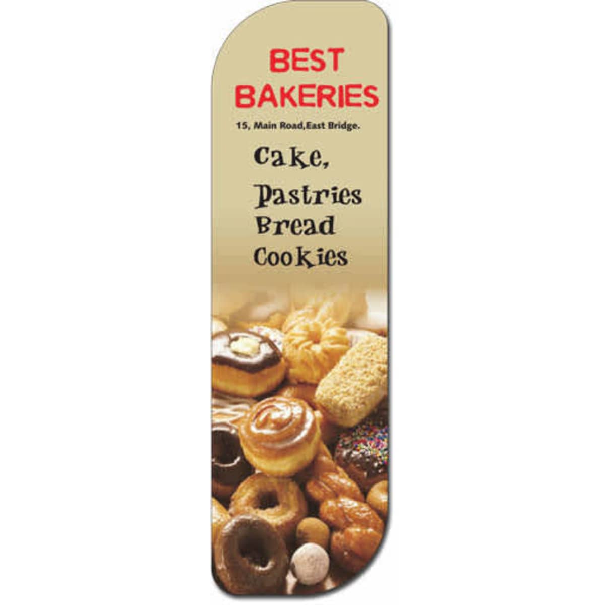 A laminated bookmark featuring a variety of baked goods, including cakes, pastries, and cookies, with a branding logo.