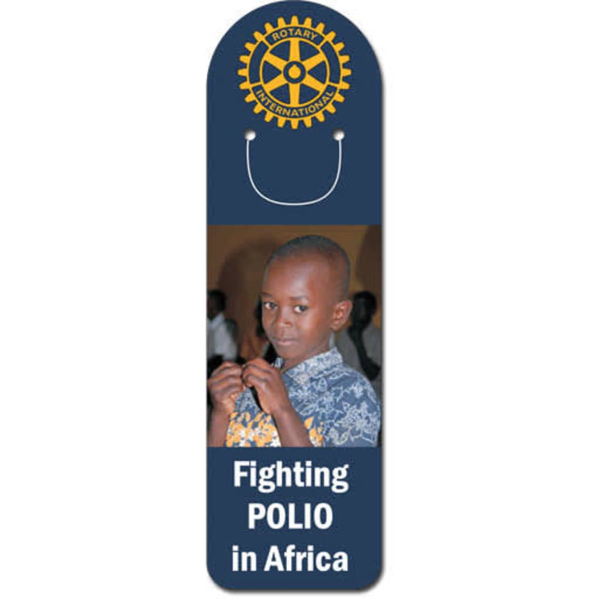 A laminated bookmark featuring a photo of a boy and a blue and yellow design with a logo at the top.