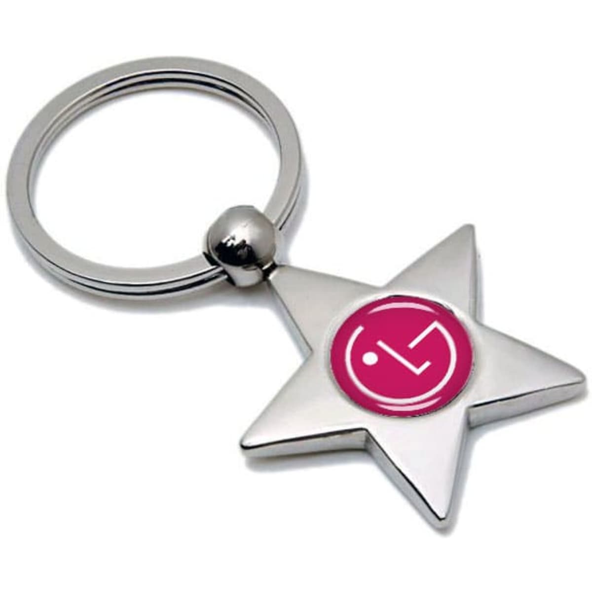 A silver star-shaped keyring with a circular pink logo in the centre.