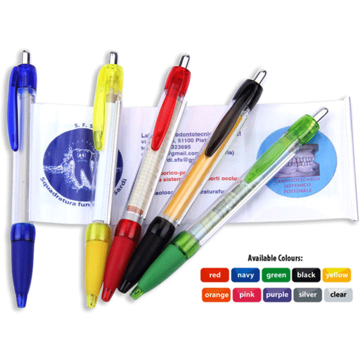 Five banner pens in various colours: blue, red, yellow, black, and green, arranged with a product card in the background.