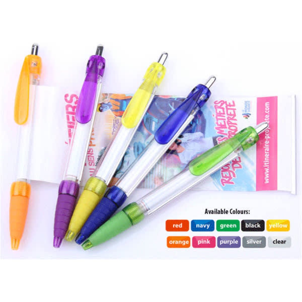 A collection of banner pens in various colours: purple, yellow, orange, green, and navy, with a promotional display.