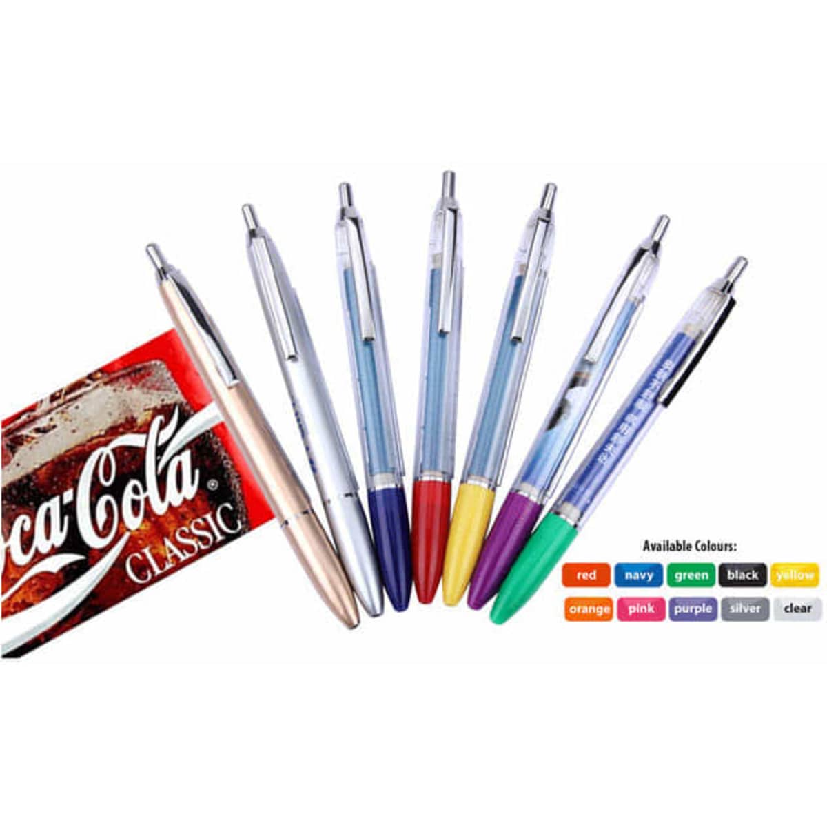 A collection of pens in various colours including red, navy, green, black, yellow, orange, pink, purple, and silver, with a logo.