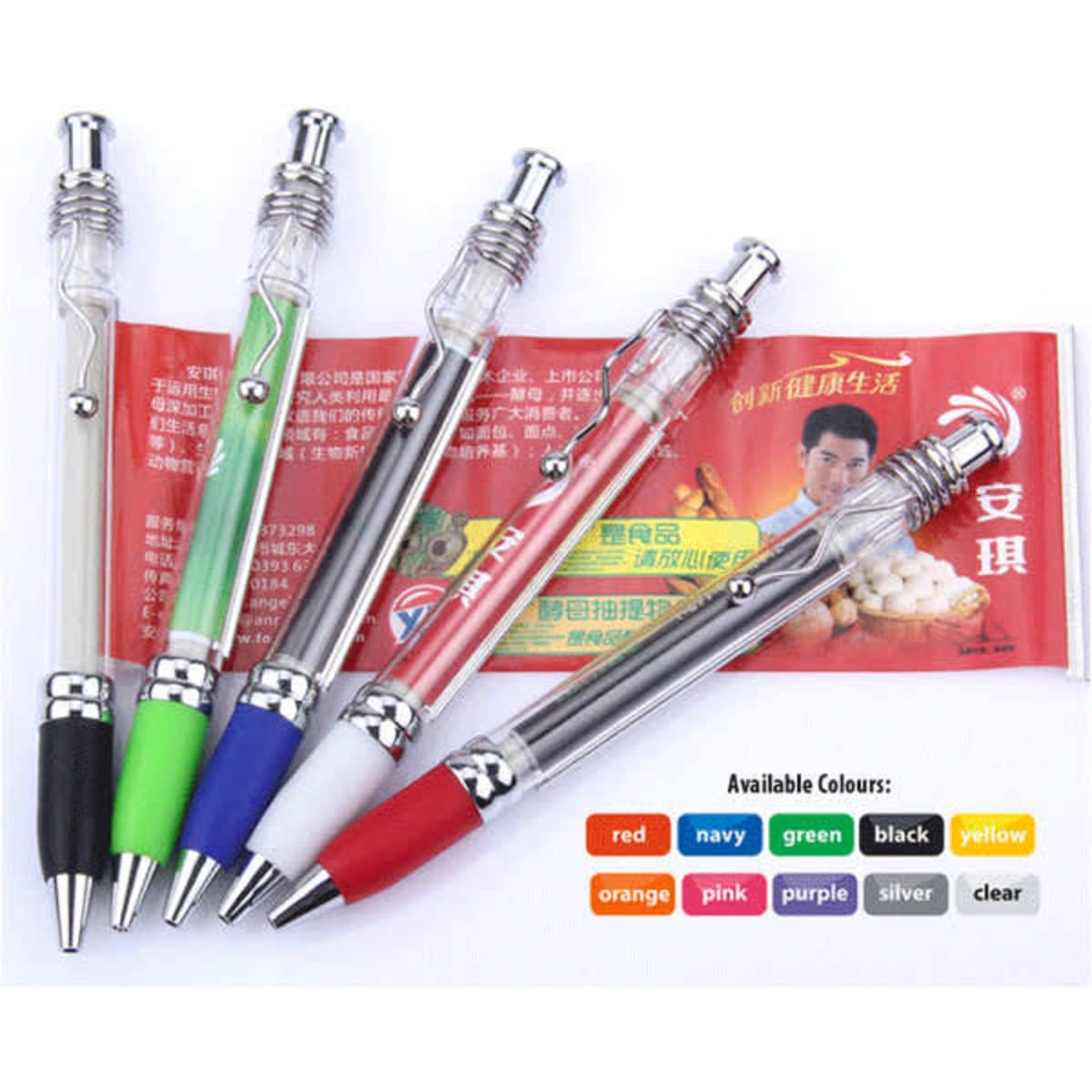 A collection of five pens in red, green, blue, black, and white, featuring a silver clip and a transparent barrel.