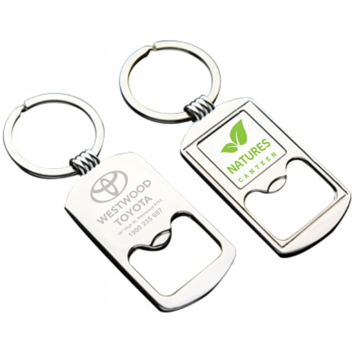 A silver metal keyring with a bottle opener feature, showcasing two sides, one with a logo and the other with text.