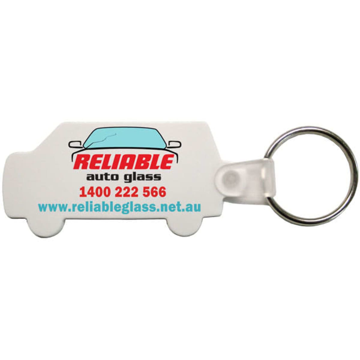 A white car-shaped keyring with a metal loop, featuring a logo and contact details for an auto glass service.