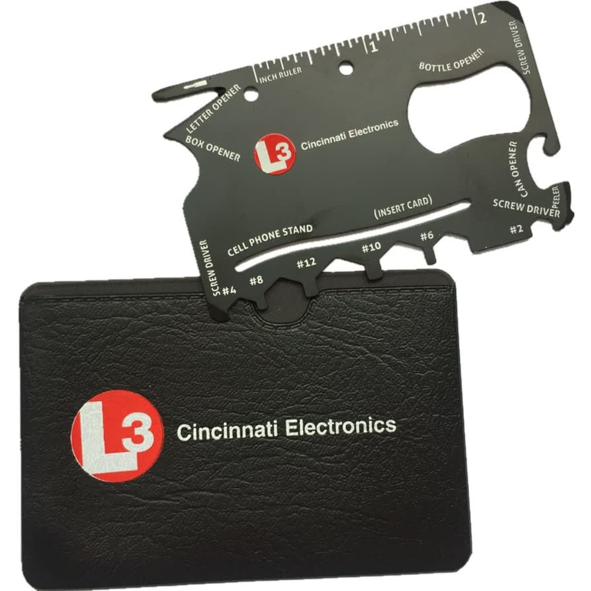A black card holder with a multi-tool partially pulled out, featuring various tools in a sleek design. It has a logo.