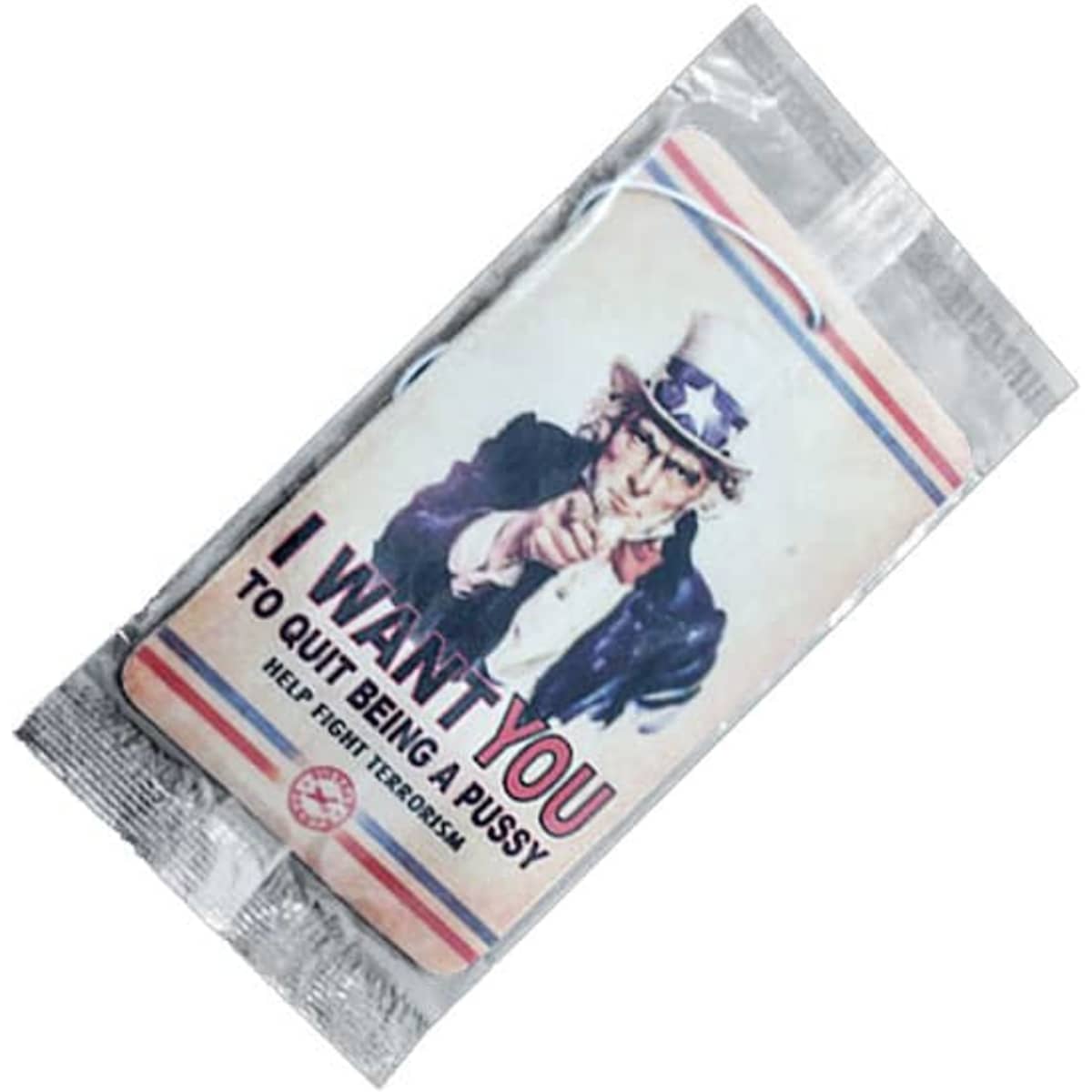 A packaged air freshener featuring an illustration of a man in a suit with a hat. The product has a vibrant design.