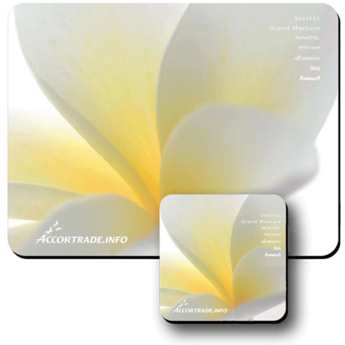 A set of mouse mats in soft pastel colours, featuring a floral design and a smaller coaster with a logo.