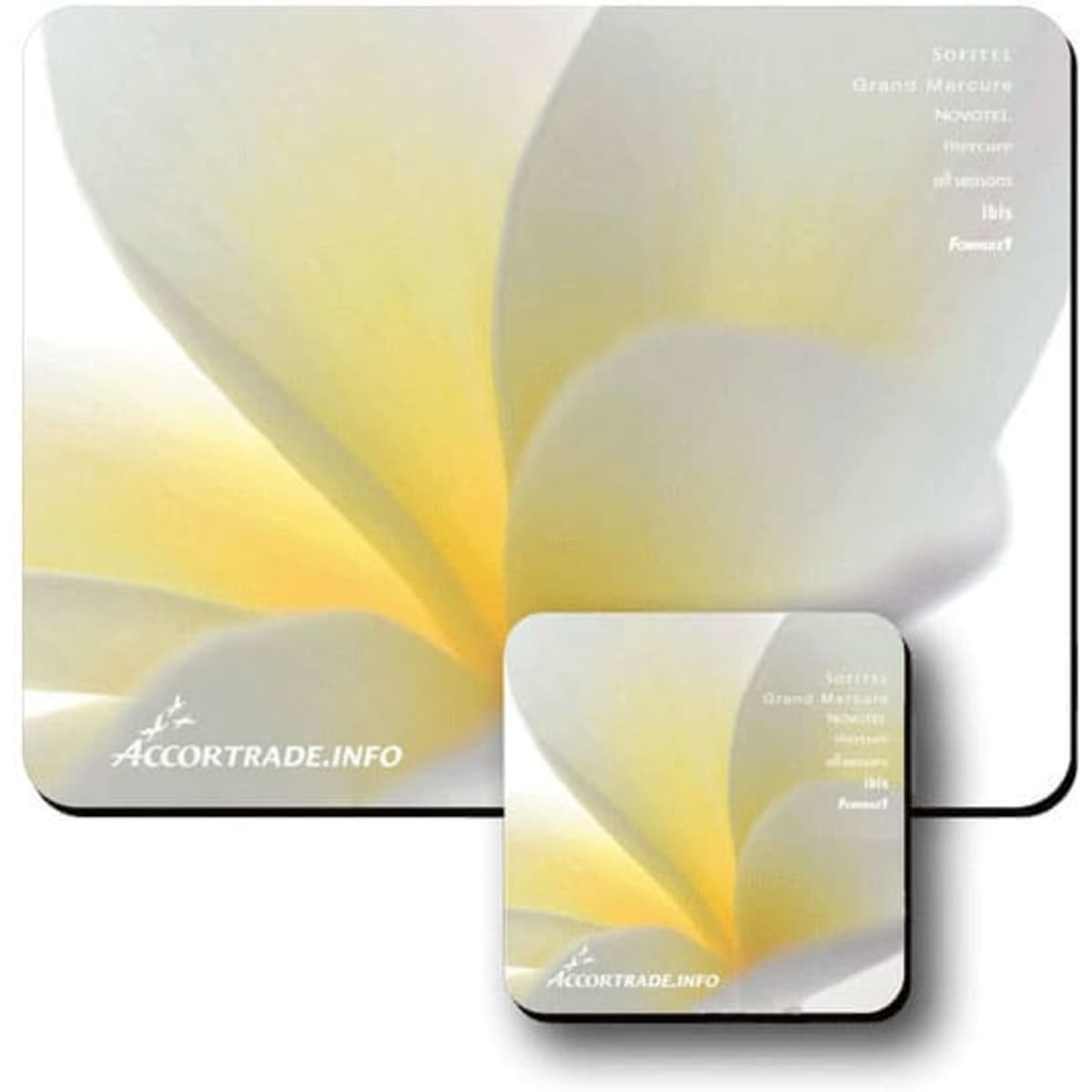 A large mouse mat and a small coaster in soft white and yellow hues, featuring a subtle floral design and a logo.