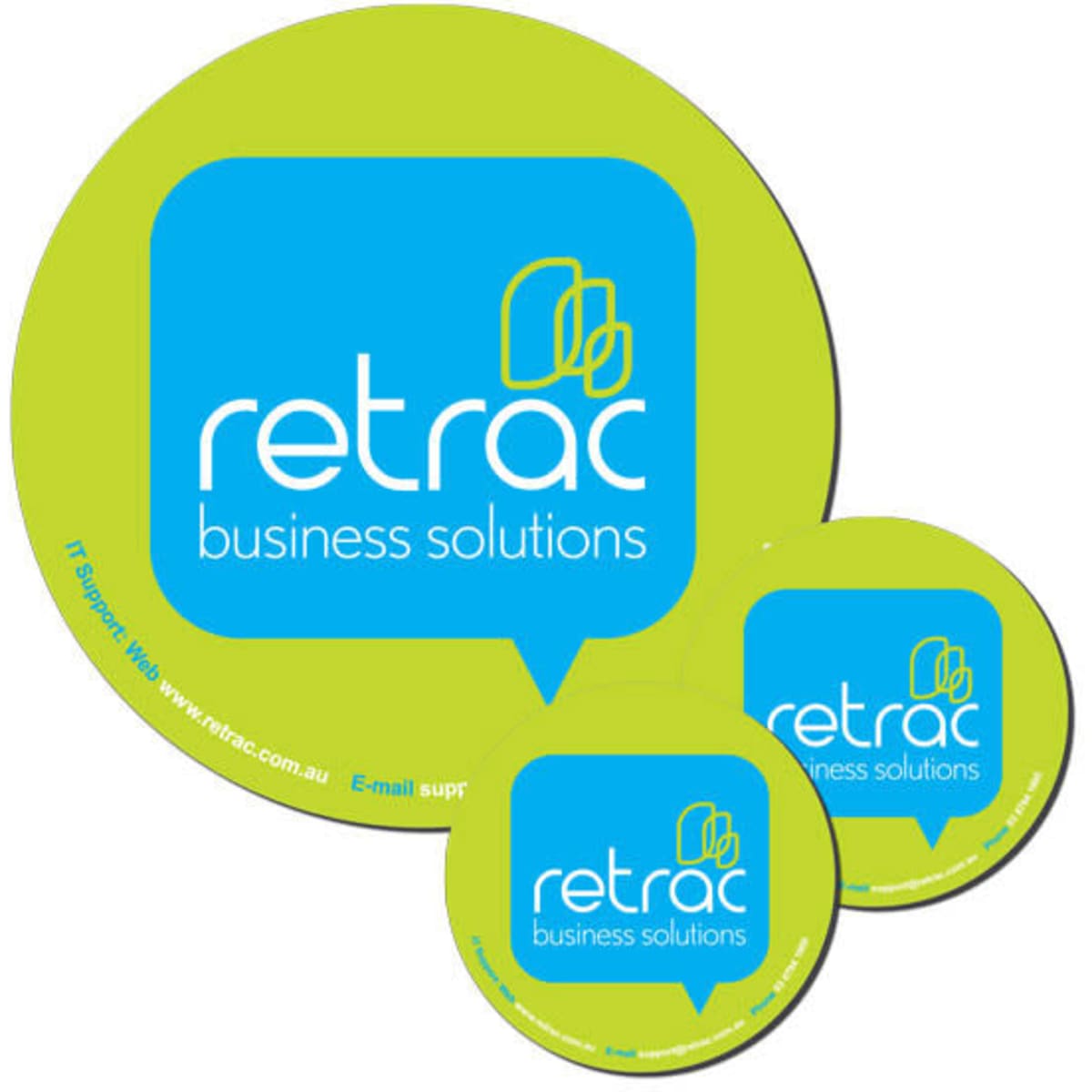 A round mouse mat in bright green with two matching coasters, featuring a blue logo and branding.