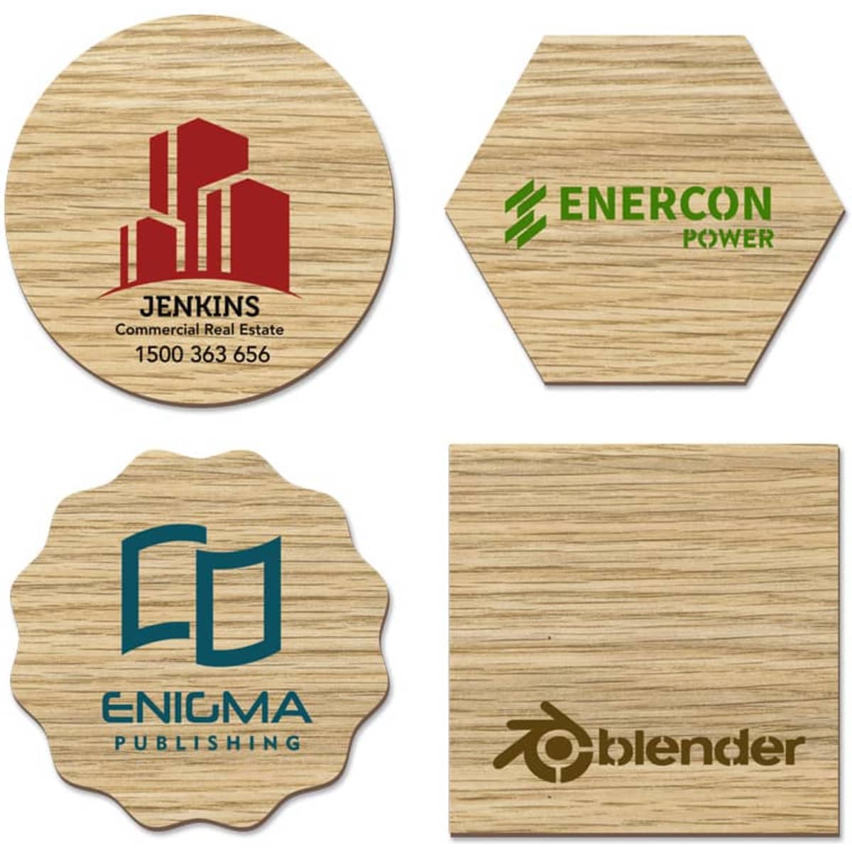 A set of Eco MDF coasters in various shapes, featuring a wood-like finish and multiple logos.
