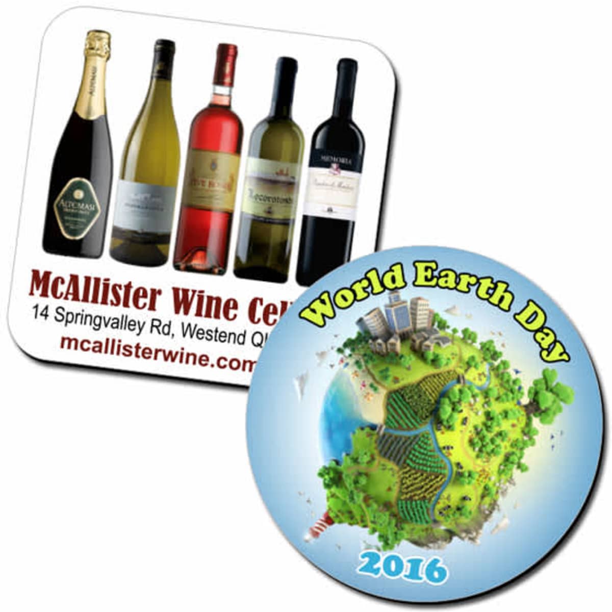 Two coasters displayed together: one features a selection of wine bottles, and the other showcases a colourful Earth Day design.