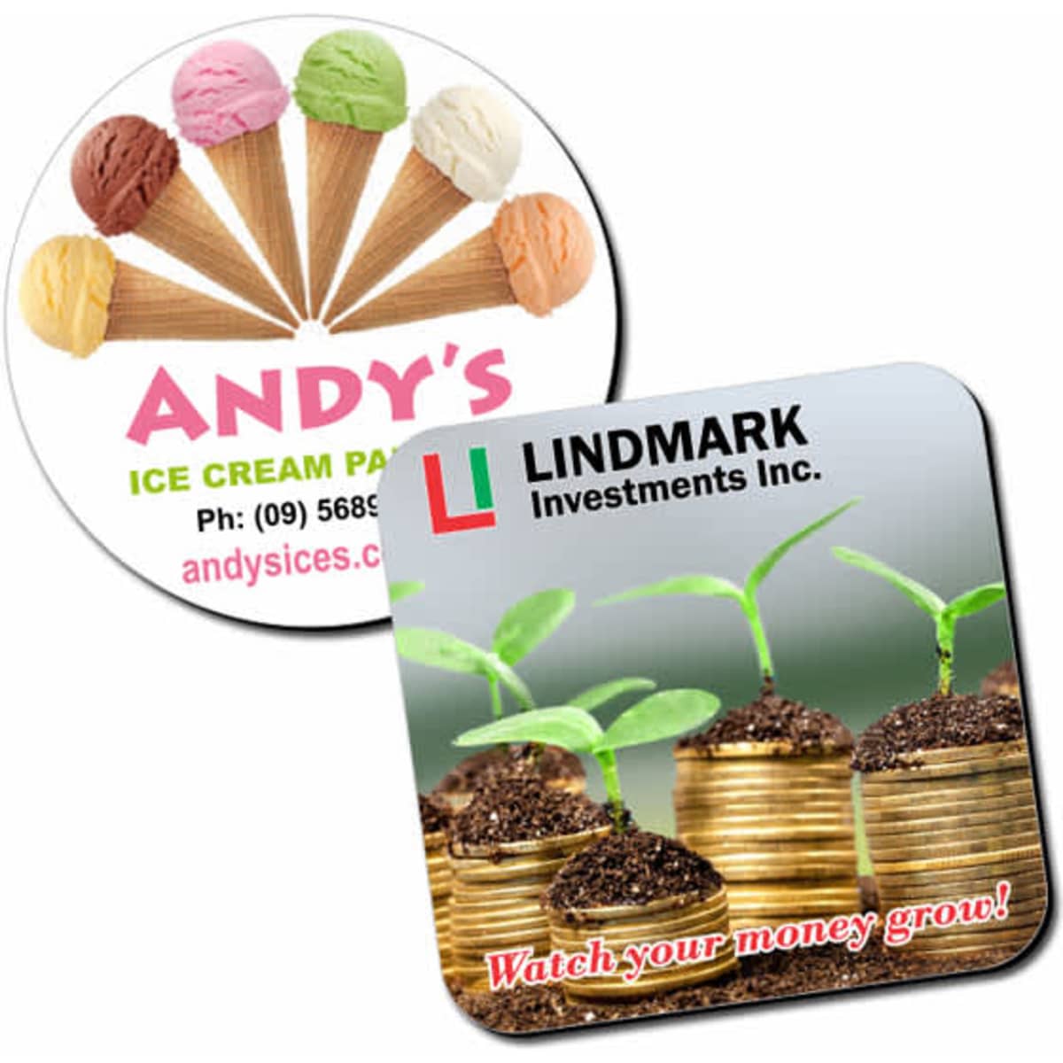 A round coaster features colourful ice cream cones, and a square coaster displays coins with sprouting plants. Both have logos.