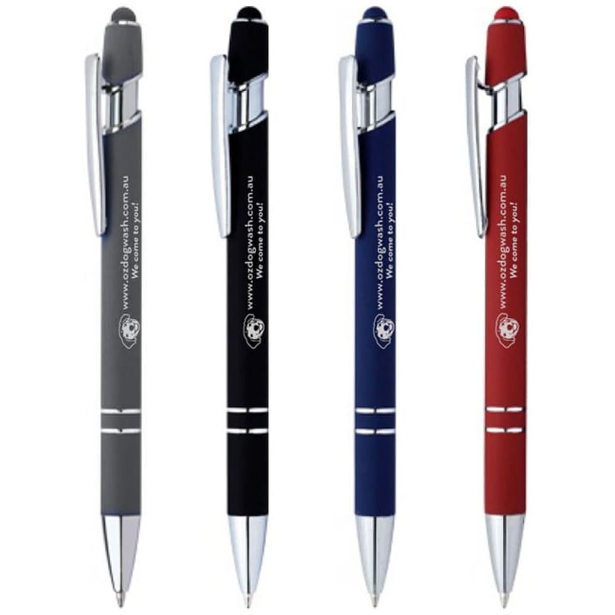 A set of four stylus pens in black, navy, red, and a dark grey, each featuring a silver clip and branding.