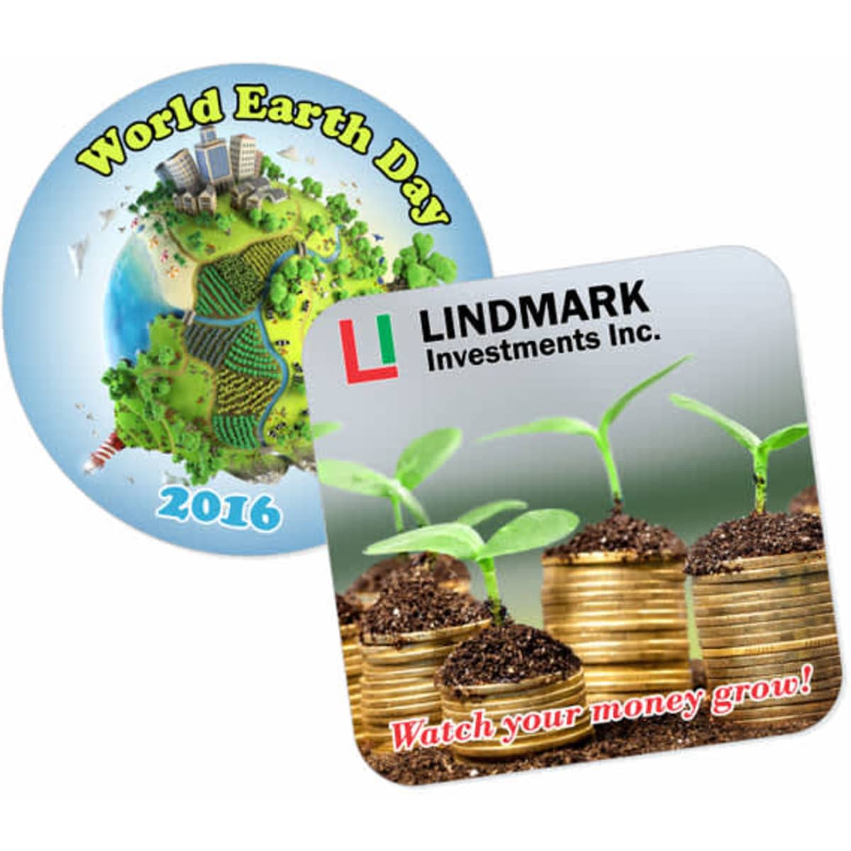 Two coasters: one circular with a green Earth design and a square one featuring coins and seedlings, both with logos.