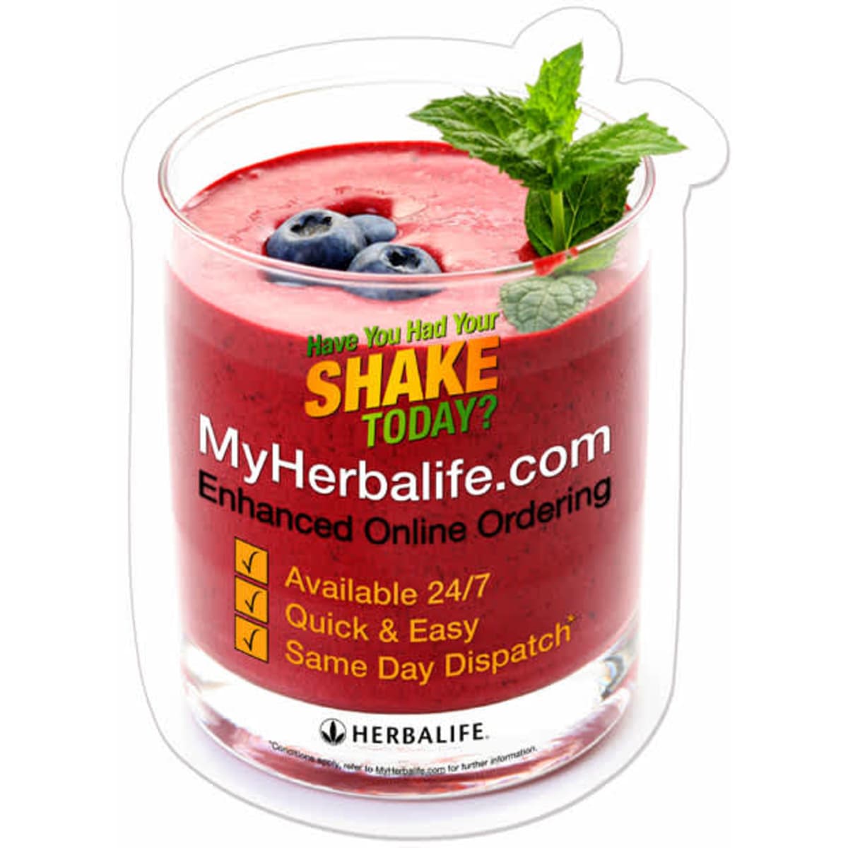 A custom-shaped gripper mat featuring a drink glass filled with a red smoothie, topped with mint leaves and blueberries.