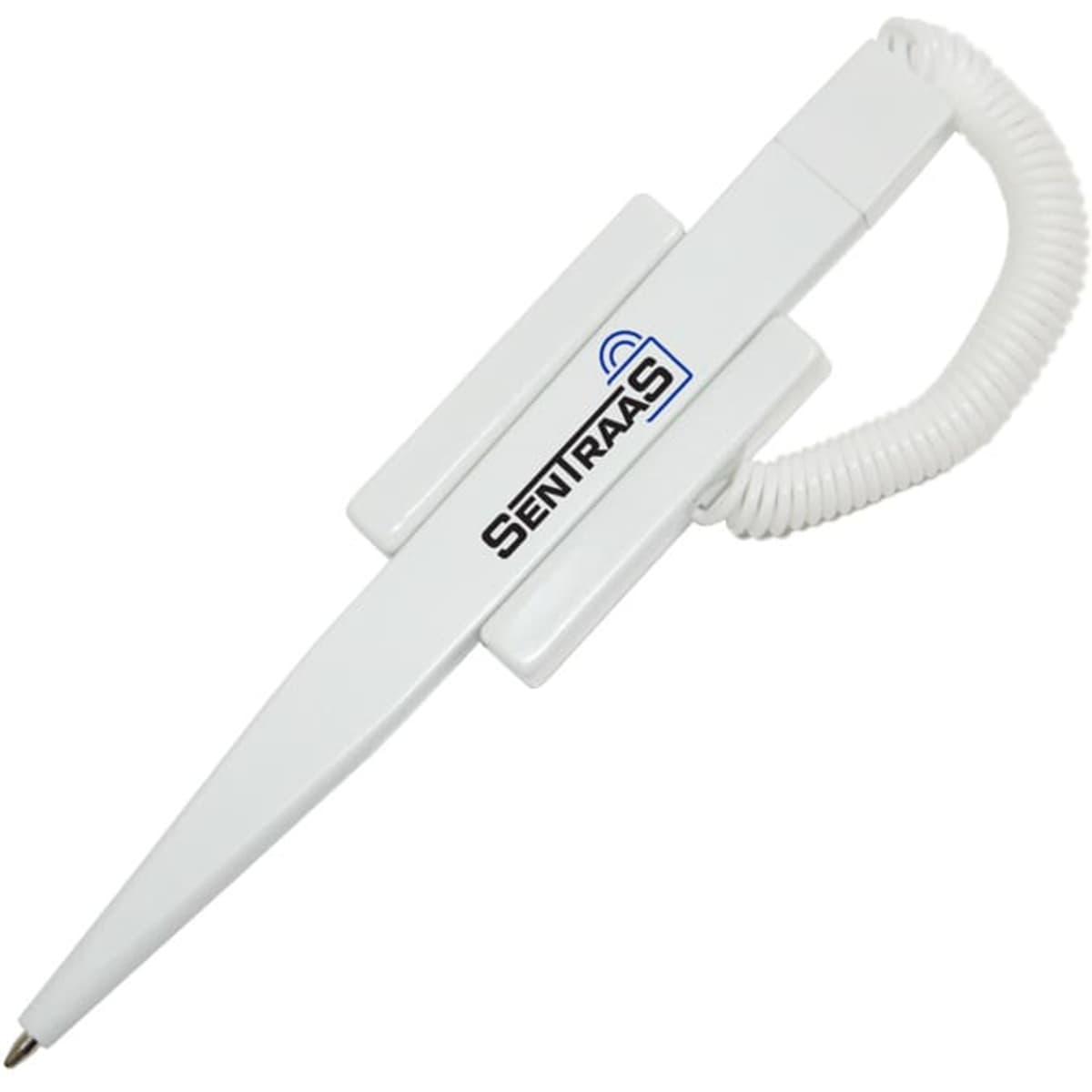 A white plastic pen with a coiled attachment and a logo on the side.