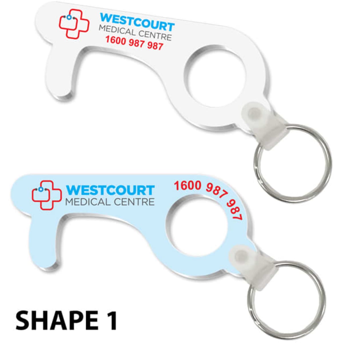 A white and blue "Covid Key" keyring tool, featuring a loop for attachment and a medical centre logo.