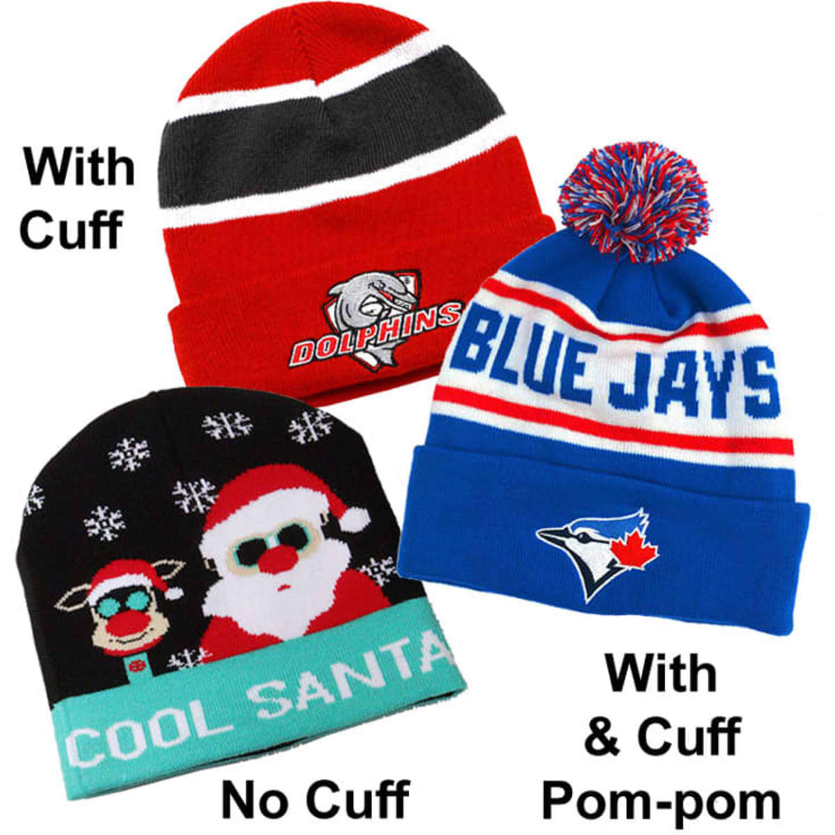 Three custom knitted beanies in red, black, and blue. One features a pom-pom and two have different cuff styles.