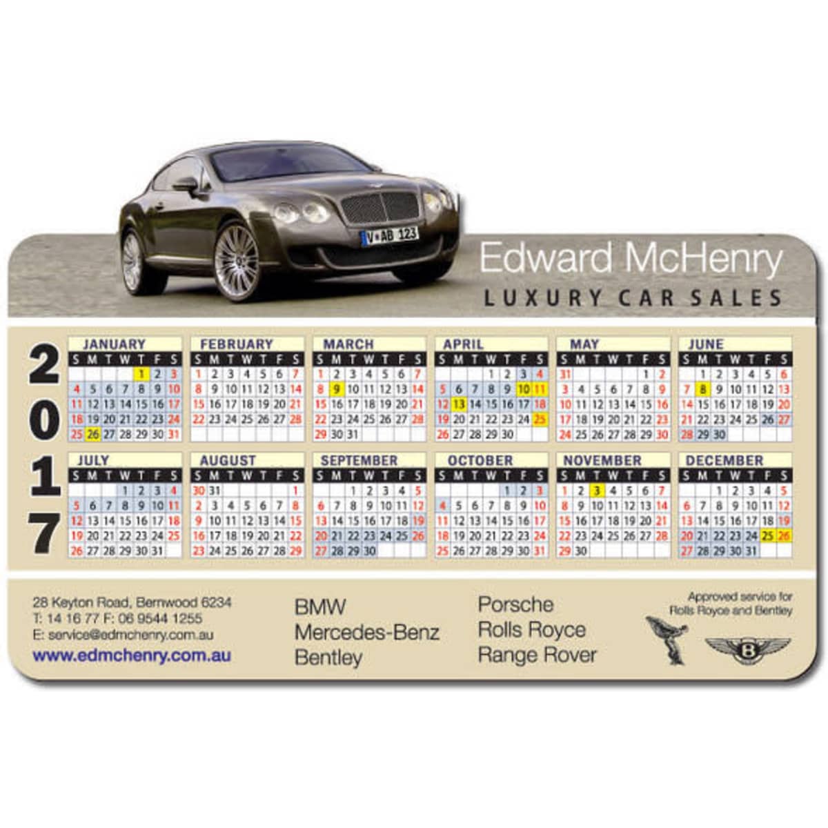 A calendar fridge magnet featuring a luxury car image, with a predominantly grey and white colour scheme.