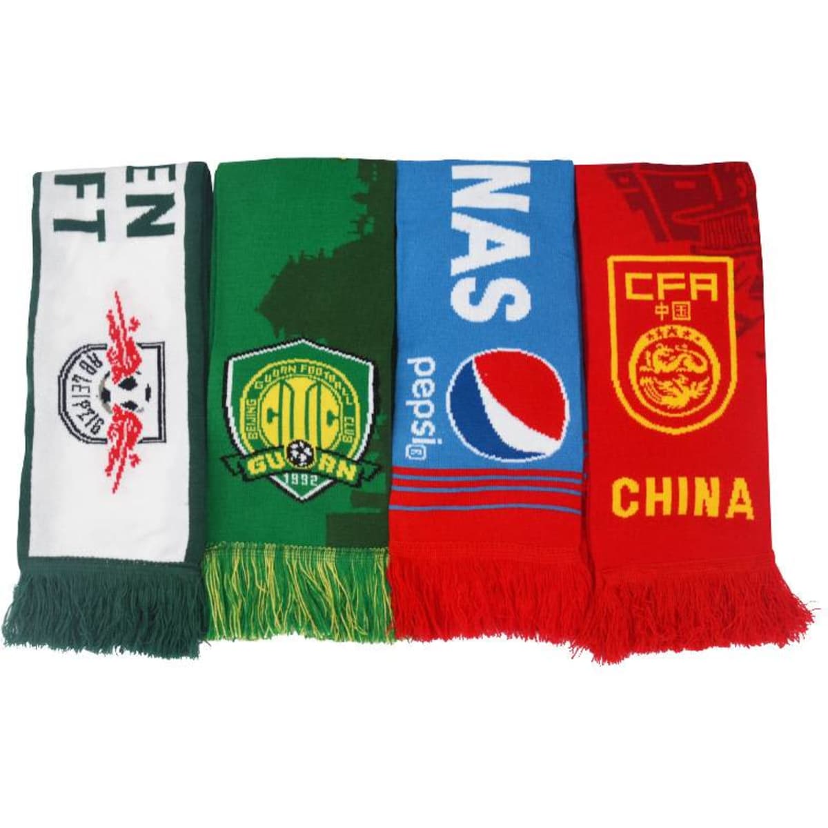 Four custom knitted scarves in green, red, and blue, featuring various designs and a logo on one.