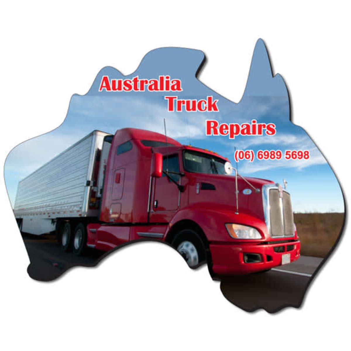 A red truck drives along a road, set against a silhouette of Australia. The image has a logo and contact details.
