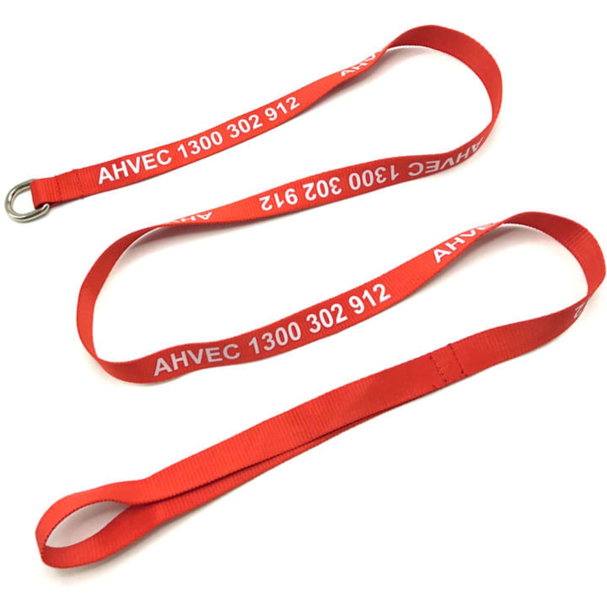 A red dog leash with a metal ring and a fabric loop handle, featuring branding along its length.