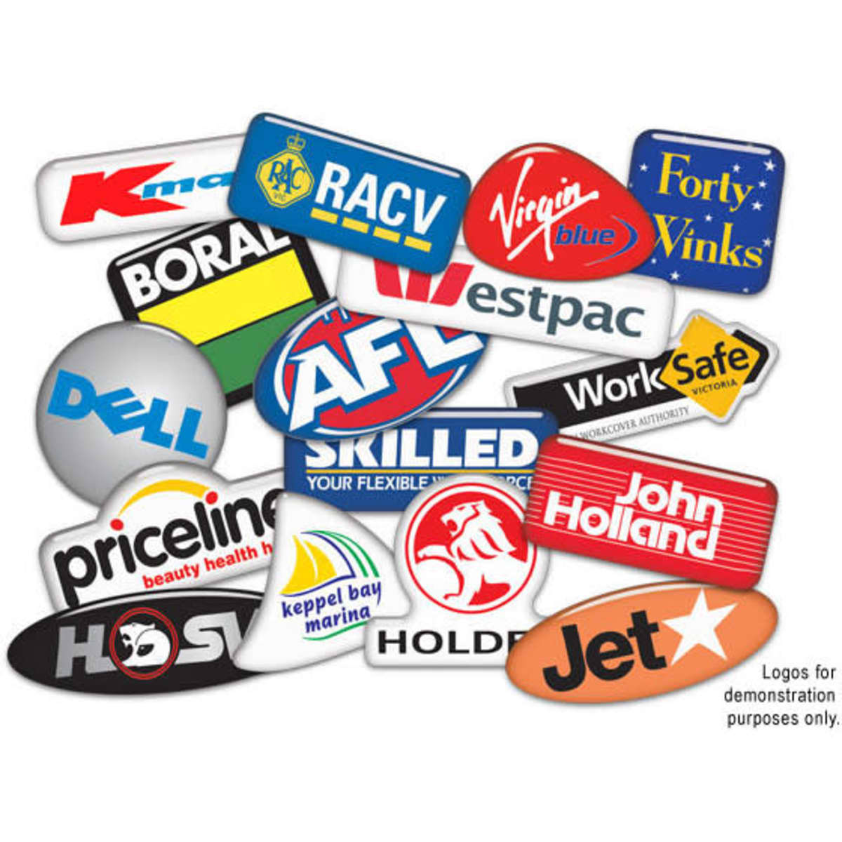 A collection of various dome stickers in different colours, featuring several logos and brands on a white background.