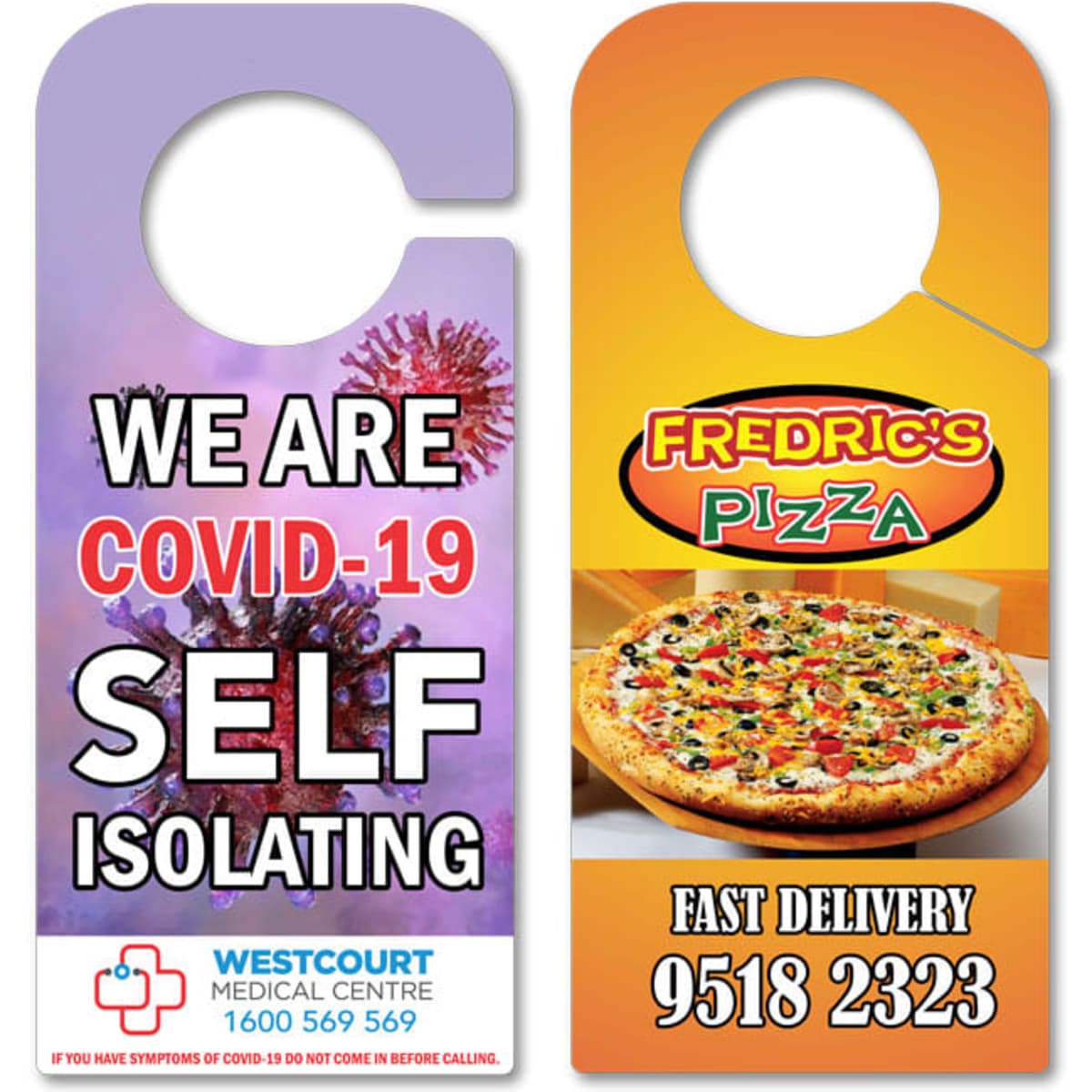 A pair of door hangers featuring a COVID-19 isolation message and a pizza delivery advertisement, in purple and orange colours.