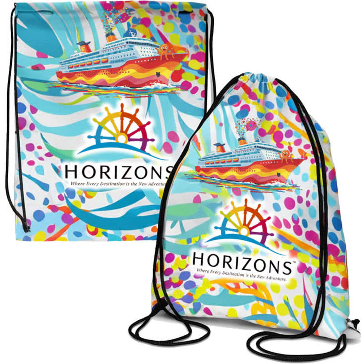 A drawstring bag featuring a colourful design with a ship and a logo. Predominantly blue and multi-coloured.